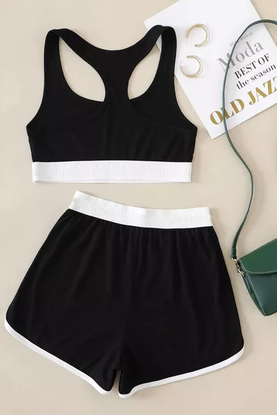 Women's Crop Set with White Elastic and Black Shorts