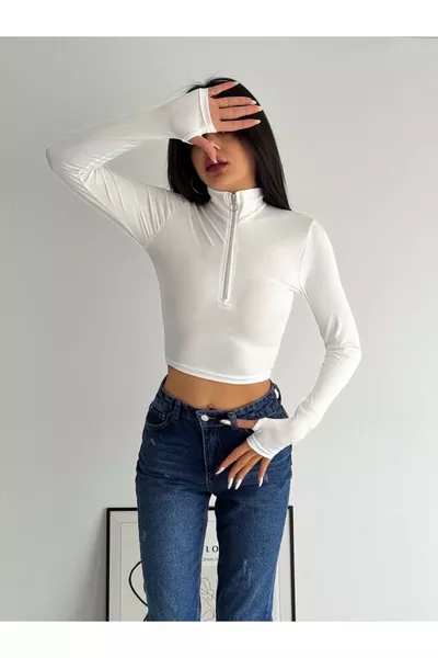 Fermuarlı Parmak Geçirmeli Esnek Kumaş Uzun Kollu Body