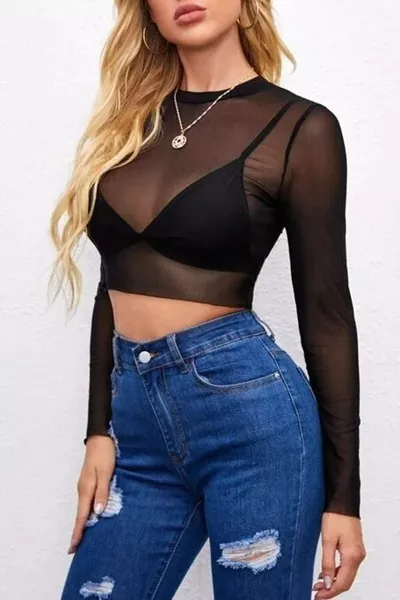 Black Sheer Sexy Tulle Bodysuit Crop Top Blouse Long Sleeve