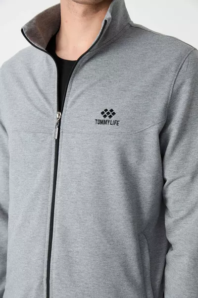 Сив меланж изправена яка с цип ежедневна форма класически мъжки анцуг с крачол - 