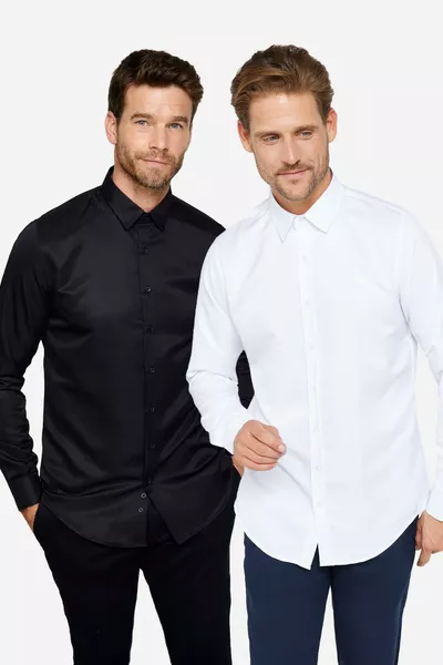 قميص رجالي بأكمام طويلة، حزمة مزدوجة، أسود وأبيض، قصّة نحيفة، سهل الكي، يمتص العرق، قماش قابل للتنفس، مناسب لأربعة فصول