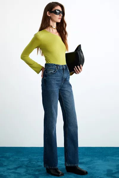 Waleska Women's Viscose Stretch Boat Neck One Shoulder Green Blouse