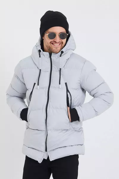 Modonwear Водонепроницаемый и Ветрозащитный Мужской Серый Длинный Стеганый Пуховик с Меховой Подкладкой & Пальто & Парка