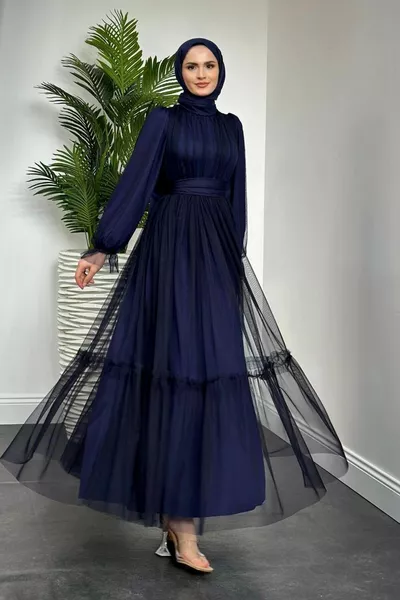 الأكمام كشكش التفاصيل رايات مساء اللباس الأزرق الداكن