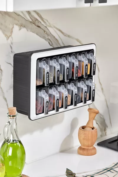 Standlı  Li Kendinden Yapışkanlı Kaşıklı Kapaklı Baharatlık Takımı-etiketli Baharatlık