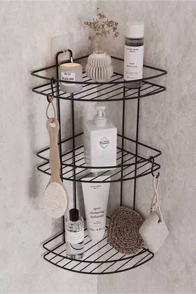 منظم زاوية الحمام اللاصق المقاوم للصدأ مدى الحياة، رف شامبو ودش باللون الأسود، قطعتان مع خطافات للليفة