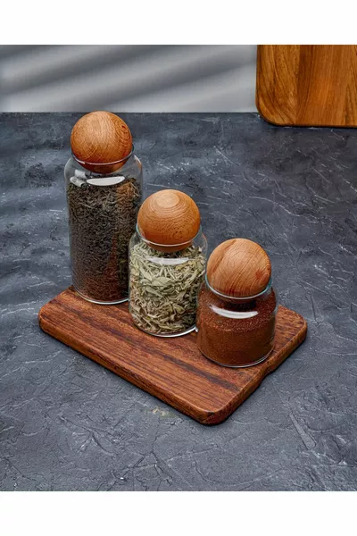 Ensemble de 3 bocaux en verre avec couvercle en bois : sucrier, récipient à friandises, épices et boîte de rangement
