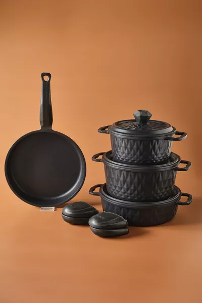 BioDiamond Gietijzer 7-delige Ovenwant Set met Geschenk Kookpot- en Koekenpannenset