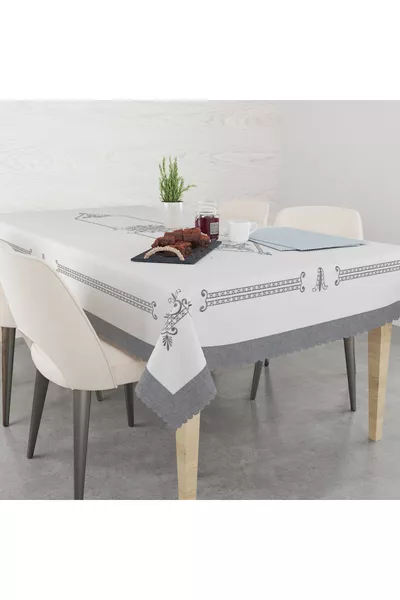 Печатна покривка за маса с лалета в сив цвят и ефект на бродерия