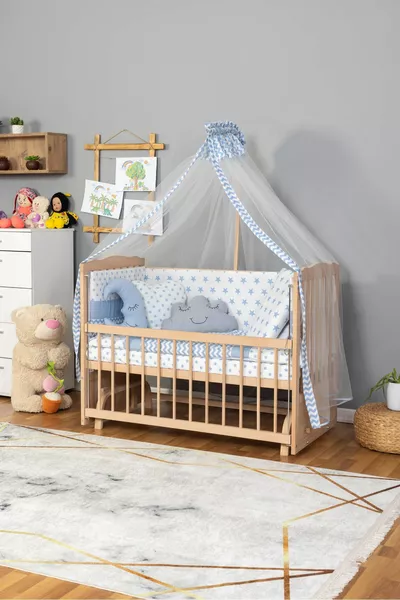 Culla in Legno Accanto alla Mamma Culla Organica (Senza Vernice) - Stelle Blu Set da Sonno con 3 Cuscini + Materasso