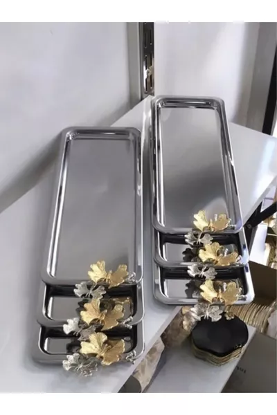 صينية قهوة مستطيلة من الستانلس ستيل 6 قطع مع فراشة للعرض الفاخر