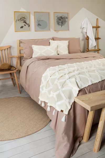 Yatak Runner Kırlent Seti Bohem Punch Panç Desen Yatak Örtüsü Bella Ekru