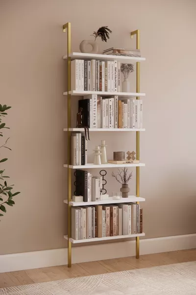 خزانة كتب من الذهب الجديد، مثبتة على الحائط مع 6 رفوف، رف حائطي أبيض للكتب، أثاث 