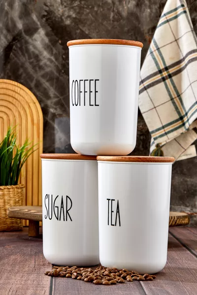 3'lü Ahşap Vakum Kapaklı Transfer Etiketli Akrilik (PLASTİK) Tea/sugar/coffe Kavanoz ml