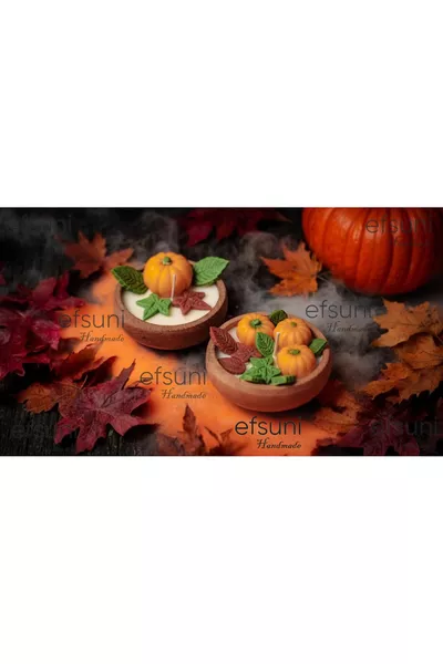 Set of 2 decorative pumpkin-shaped candles in a bamboo bowl
