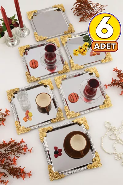 صينية تقديم مربعة زخرفية من الفولاذ المقاوم للصدأ 6 قطع بإطار ذهبي وفضي ونقشة زهور