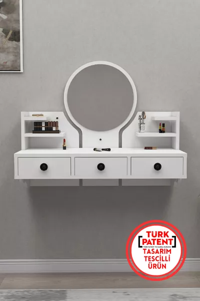 Polina Wall-Mounted Makeup Vanity with Mirror and Shelved Drawer, White - Polina