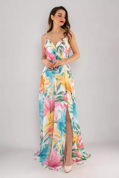  حبل حزام مزدوج الصدر منقوشة شق اصطف فستان طويل من الشيفون