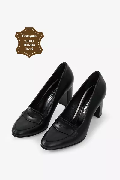 حذاء كلاسيكي أسود بسيط من الجلد الطبيعي من الدرجة الأولى، بكعب سميك 7.5 سم، مريح وغير قابل للكسر