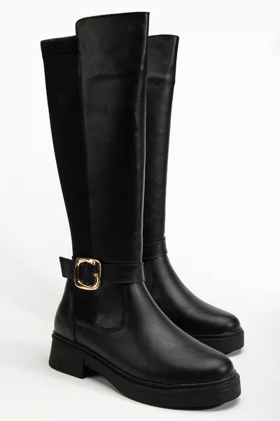 حذاء نسائي طويل من الجلد الأسود المطفي مع مشبك خلفي مرن