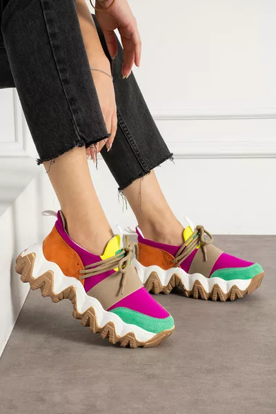 Kadın Bağcıklı Rahat Fuşya Süet Bağcıklı Sneakers Spor Ayakkabı