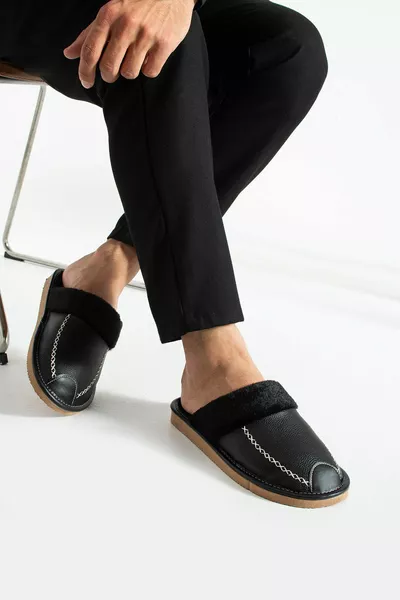 Men's House Slippers, Leather-Look, Black
