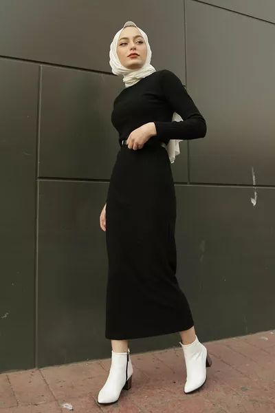 Women's Black Turtleneck Corduroy Knit Dress Belt Not Included