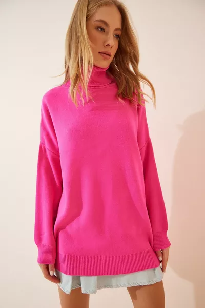 المرأة الوردي الياقة المدورة سترة متماسكة كبيرة الحجم 