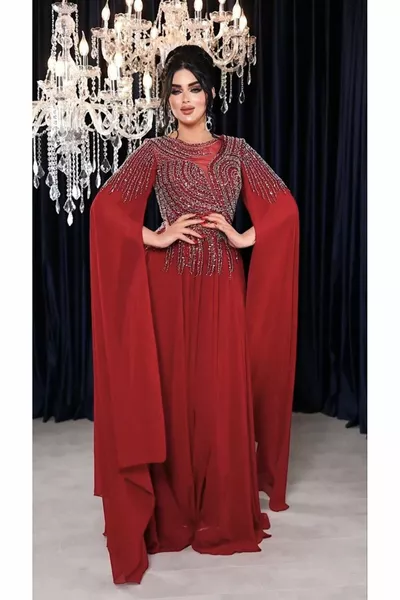 Zena Fashion Boncuk Nakış İşlemeli Göğüs Detaylı Pelerin Kollu Abiye Elbise