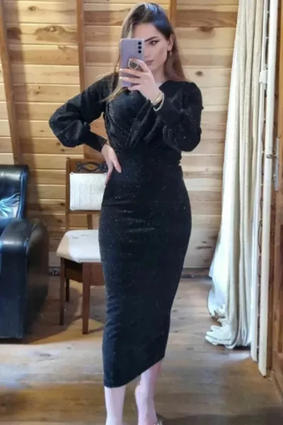 Women's Maxi Length Drawstring and Balloon Sleeve Glitter Crepe Fabric Double-breasted Collar Dress (Buy 1 Size Bigger)