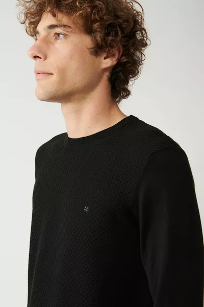 Pull en maille noir pour homme Col rond Coton texturé sur le devant Coupe classique 