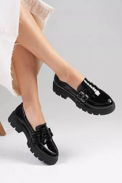 غابي اللون الأسود سميكة وحيد المرأة أحذية المتسكع