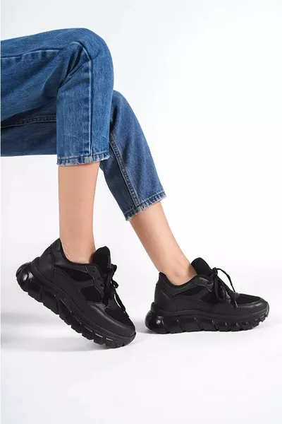 Schwarz Damen Schnürung Mesh Casual Sneakaer Schuhe 