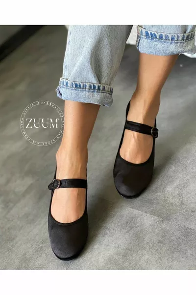 Beys Mary Jane Kadın Balerin Babet - Siyah Saten