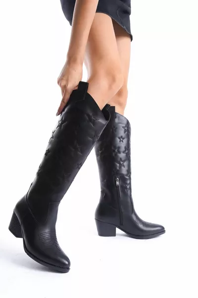 جلد أسود نجمة مطرزة رعاة البقر سستة أحذية نسائية غربية