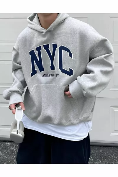 NYC Bedrucktes graues Sweatshirt mit Kapuze Hodie