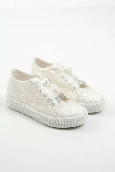 Suola con tacco basso personalizzato, abito da sposa in tessuto scintillante perla, scarpe da sera