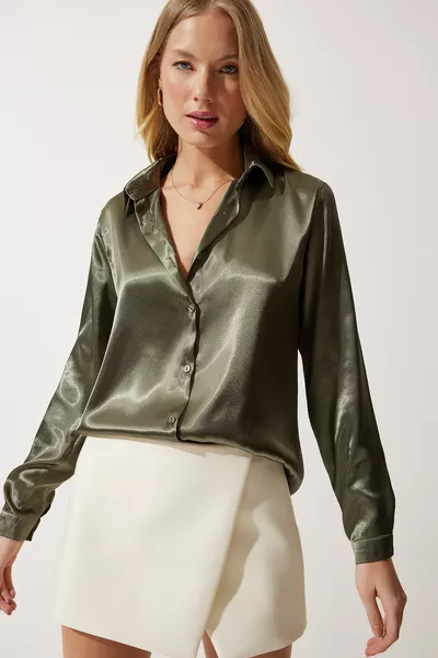 Damen Dark Khaki Light Flowing Satin Surface Hemd 
