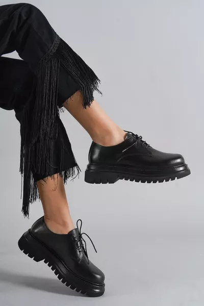 Genuine Leather Black Women Casual Thick Sole Leather Loafer Shoes 