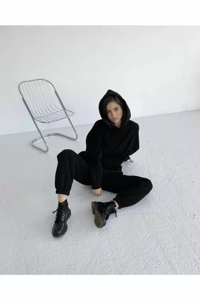 Женский черный комплект двойного спортивного костюма с капюшоном