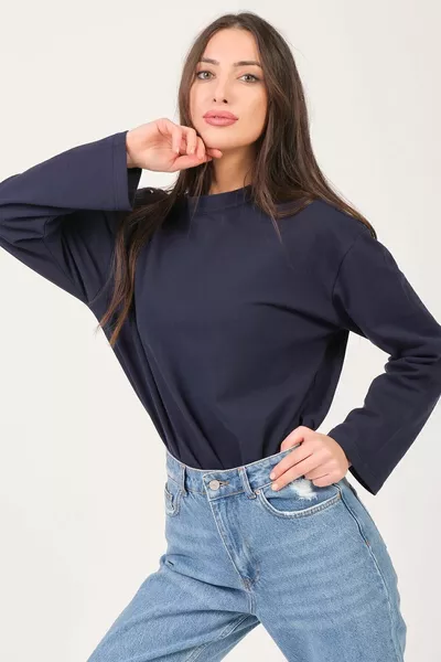 Clasy Women's Lacost Fabric Navy Blue Crew Neck Basic Oversize Long Sleeve T-shirt