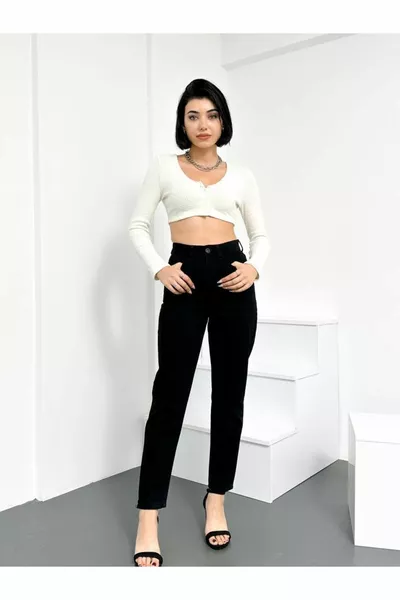 النساء السود أمي جينز عالية الخصر ليكرا الحرة  ٪ القطن جينز آنا نموذج