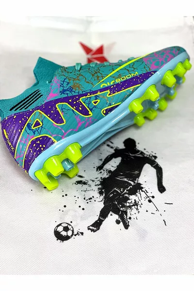 Voetbalschoenen TPU Sole Turquoise Geel Paars Voetbalschoenen met Sokken | De Stad van de schoen