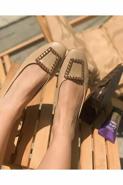 Tage % Echtes Leder Vintage Buckle Damen Ballerinas - Nude Leather