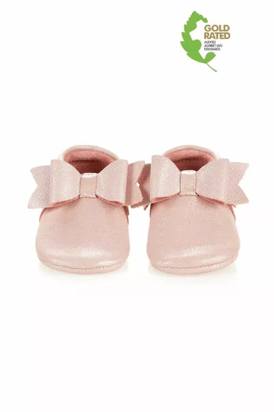 Genuine Leather Glitter Powder Ribbon Detailed Baby Booties