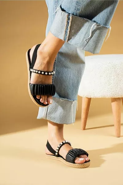 Drawstring sandals with black pearl stones