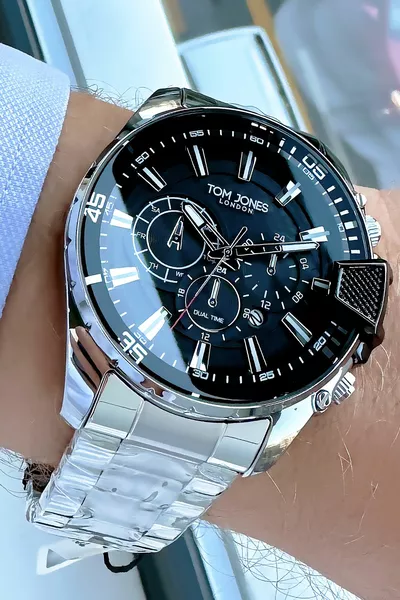 ساعة يد رجالية 3 ATM مقاومة للماء لون فضي سوار حزام فولاذي مع هدية 