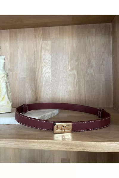 Cintura con fibbia dorata cucita 2cm Borgogna