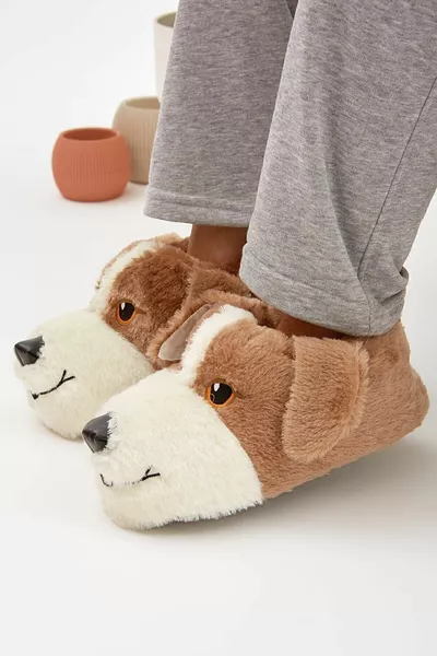 Mdes Tan Animal Бесшумная Подошва Пандуф Милая Собачья Фигура Плюшевая Домашняя Обувь