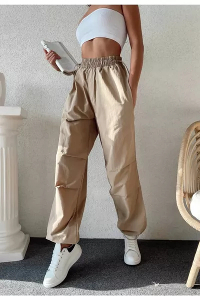 Parachute Fabric Soft Textured Loose Fit Hose Beige